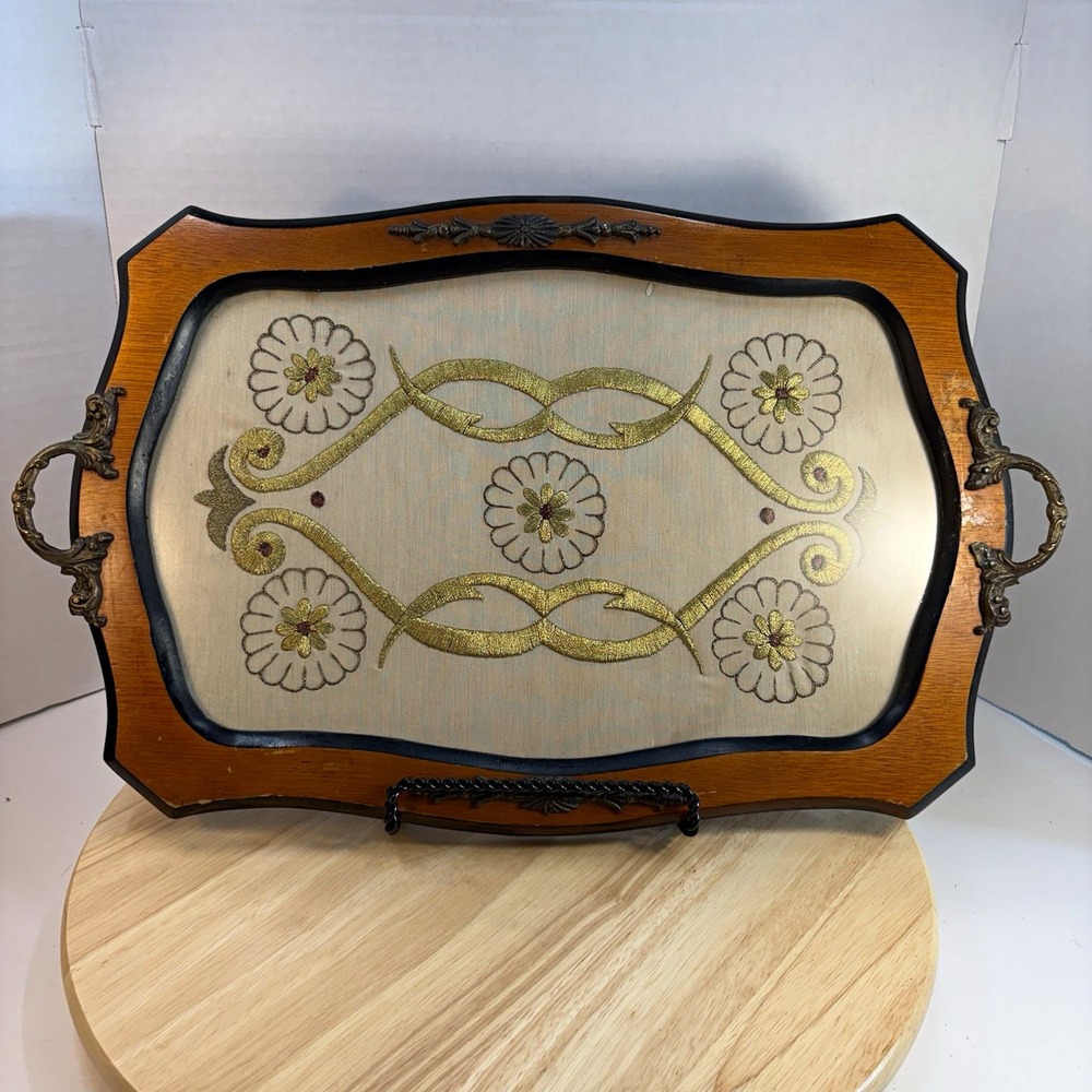 VTG Gold Embroidered Glass Serving Tray Vanity Decor Wall Art Wood Brass Handles